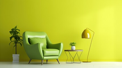 cozy green armchair at green wall room, modern room background 