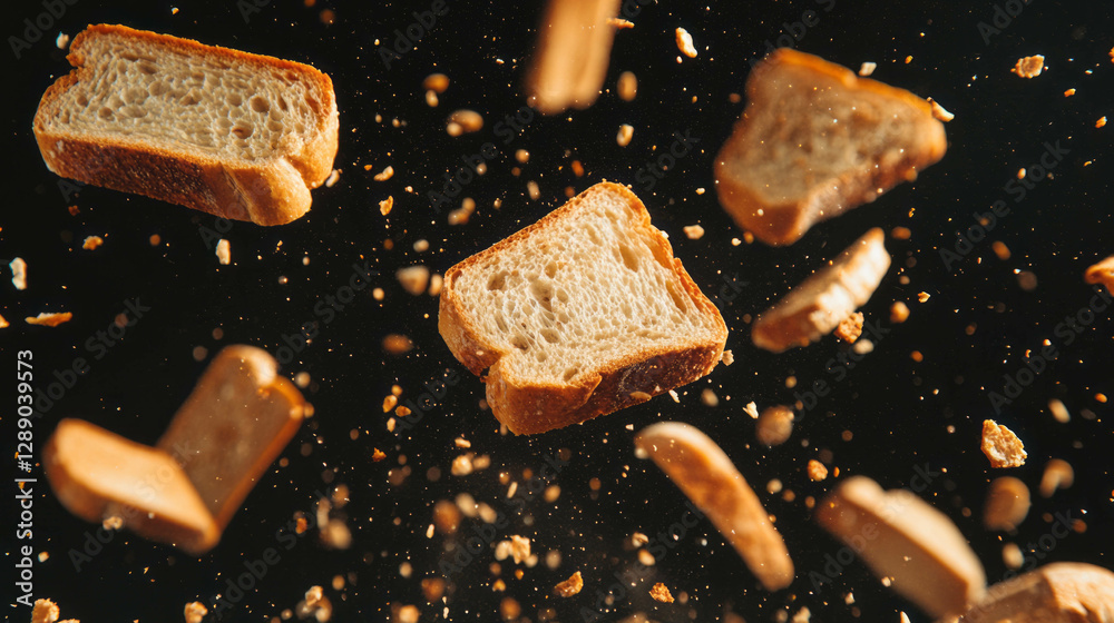 Aufkleber floating rye bread crumbs with dark background for culinary and baking design