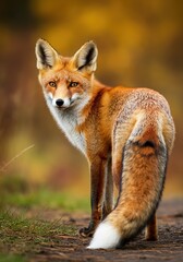 A red fox with a magnificent bushy tail stands on a forest path, its back to the camera. Autumnal colors blur in the background. Wildlife, nature.
