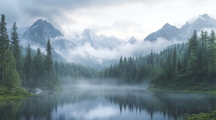 A misty forest with trees and mountains in the background