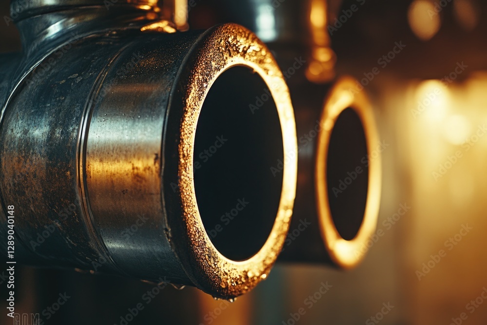 Poster a close-up view of a metal pipe attached to a wall, suitable for use in industrial or construction s