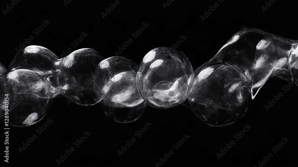 Poster Abstract art with floating transparent spheres on black background