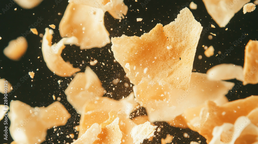 Poster floating wafer crumbs on light beige background for culinary design and texture concepts