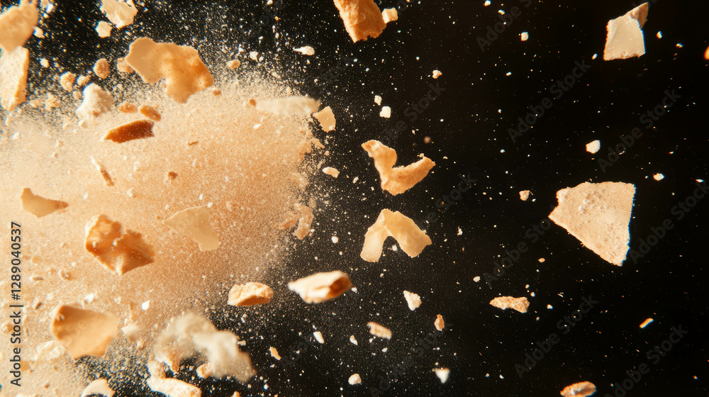 Poster floating wafer crumbs on dark background for dessert design