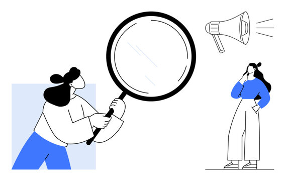 Two women interact with a magnifying glass and a megaphone, representing thorough examination and amplified communication. Ideal for teamwork, analysis, vigilance, communication, discovery, attention
