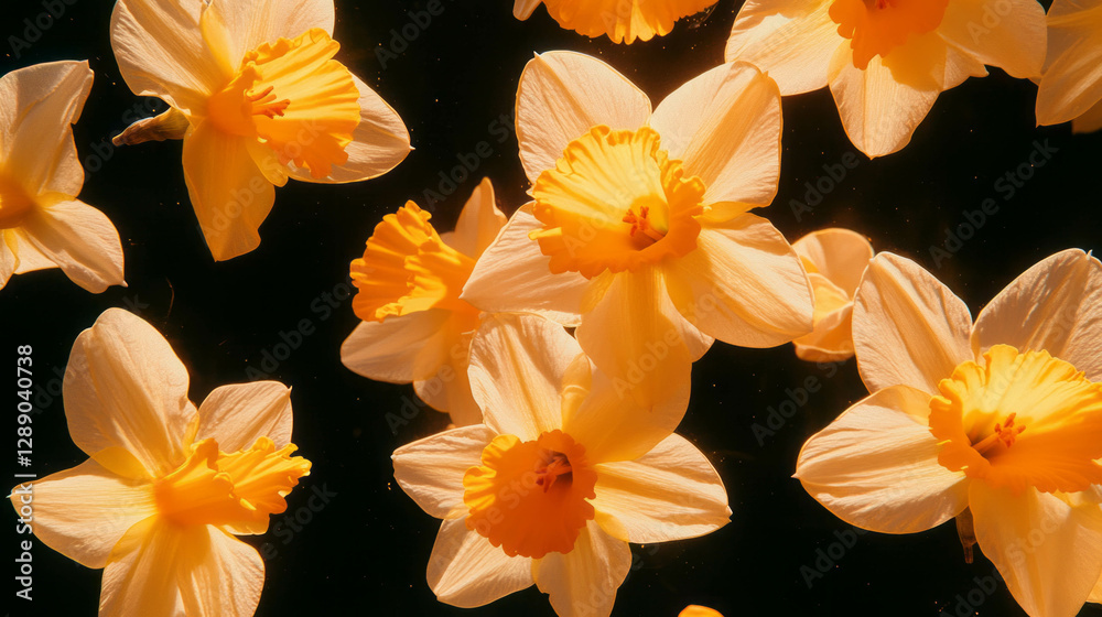 Poster vibrant yellow daffodil petals floating on a dark background for spring-themed design
