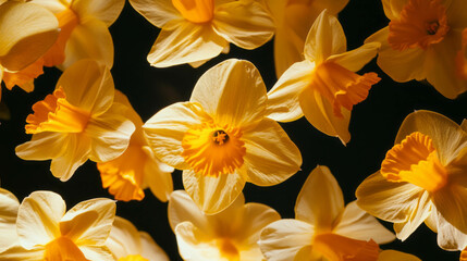 Obraz premium Vibrant spring display of floating yellow daffodil petals on dark background