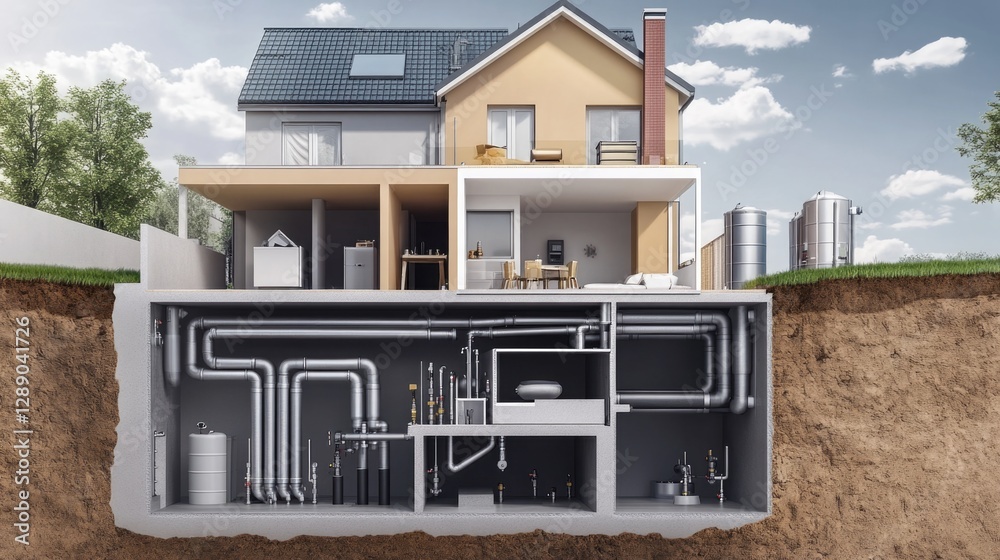 Poster a unique underground house with visible pipes and architecture