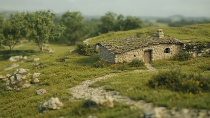 Obraz premium Stone house on grassy hill, wildflowers, path, rural landscape. Soft light, serene atmosphere. 