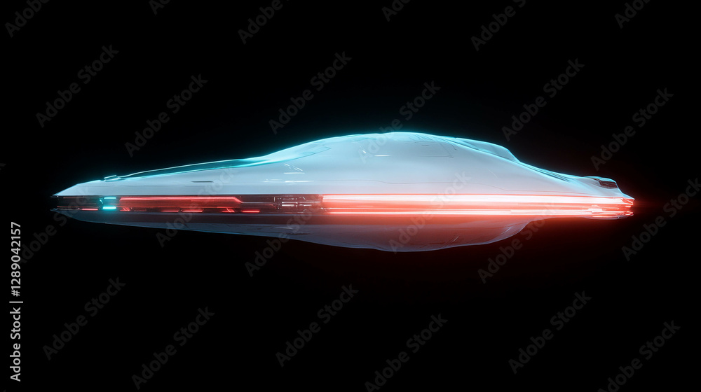 Poster futuristic spacecraft design with neon lighting on black background for sci-fi themes