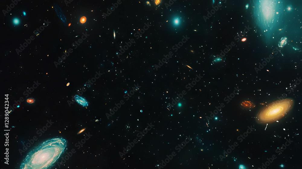Poster galactic collisions and distorted shapes in cosmic space exploration theme