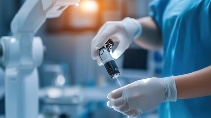 medical professional in modern operating room prepares robotic surgical instrument, highlighting advanced technology in healthcare