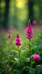 Obraz premium Pink heather flowers in a shaded, woodland environment, wildlife, botanical, shade