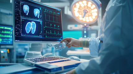 doctor uses advanced robotic surgery technology in modern operating room, with brain scans displayed on monitor. scene is illuminated by surgical lights, highlighting precision of procedure