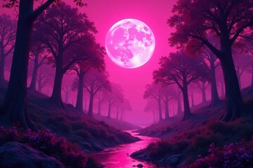 Fototapeta premium Pink glowing forest with a glowing pink moon above, unusual, scenery, retro futuristic