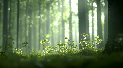 Sunlit Green Forest with Lush Undergrowth