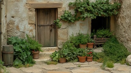 Stone house exterior with weathered wooden door, terracotta pots of plants, and overgrown greenery. Rustic and charming scene
