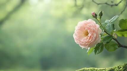 A pale pink rose with dew drops on its petals, blooming on a mossy branch against a soft green background. The image evokes serenity and peace