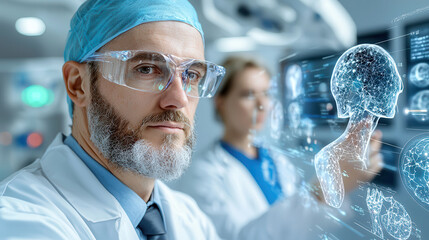 surgeon in futuristic operating room uses holographic technology for medical procedure, showcasing advanced healthcare innovation