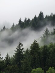 Obraz premium Misty Mountain Forest - A serene landscape photograph of a misty forest, showcasing evergreen trees shrouded in fog, creating a tranquil and mysterious atmosphere