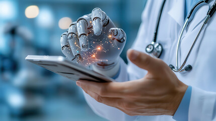 doctor in futuristic smart hospital uses robotic assisted device for advanced patient care, showcasing innovation in medical technology