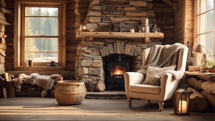 A rustic living room featuring a large stone fireplace with a wooden mantel