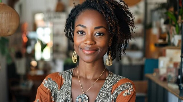 An attractive woman of color radiates confidence as she poses inside her store, exuding a blend of business acumen and personal style.