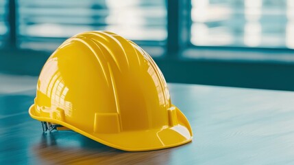 Construction team meeting with yellow hard hat office environment professional setting collaborative concept