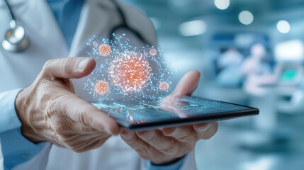 doctor holds tablet displaying interactive holographic health data in futuristic hospital setting. holograms show complex medical information, enhancing patient care