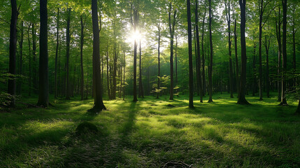 Obraz premium Enchanting Green Forest with Sun Rays - Lush Woodland Nature Scene, nature photography, environmental awareness campaigns, eco-tourism promotions, mindfulness content, wellness blogs, 