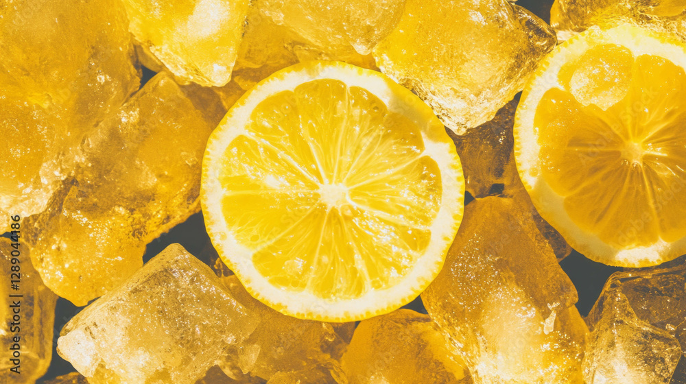 Poster Refreshing lemon and ice background for summer design concepts