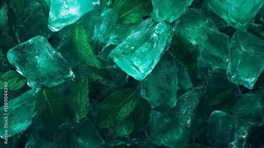 Poster refreshing ice and mint background for beverage design and cooling concepts