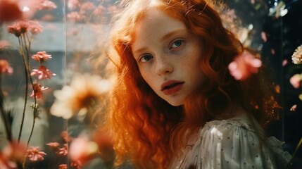fashion portrait of a Caucasian woman surround with flowers in retro vintage nostalgia vibe  - obrazy, fototapety, plakaty