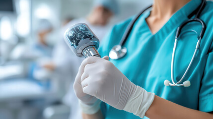 healthcare professional in scrubs holds futuristic medical device with digital displays, showcasing advanced technology in hospital setting