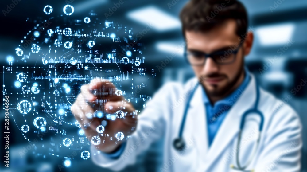 Wall mural doctor interacting with a futuristic network data visualization display