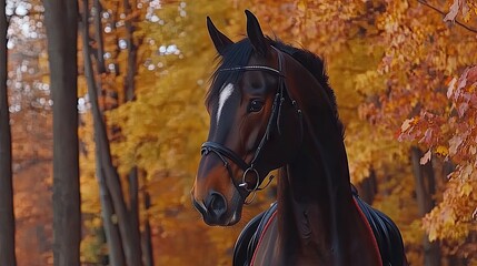 Fototapeta premium Majestic dark horse in autumn forest