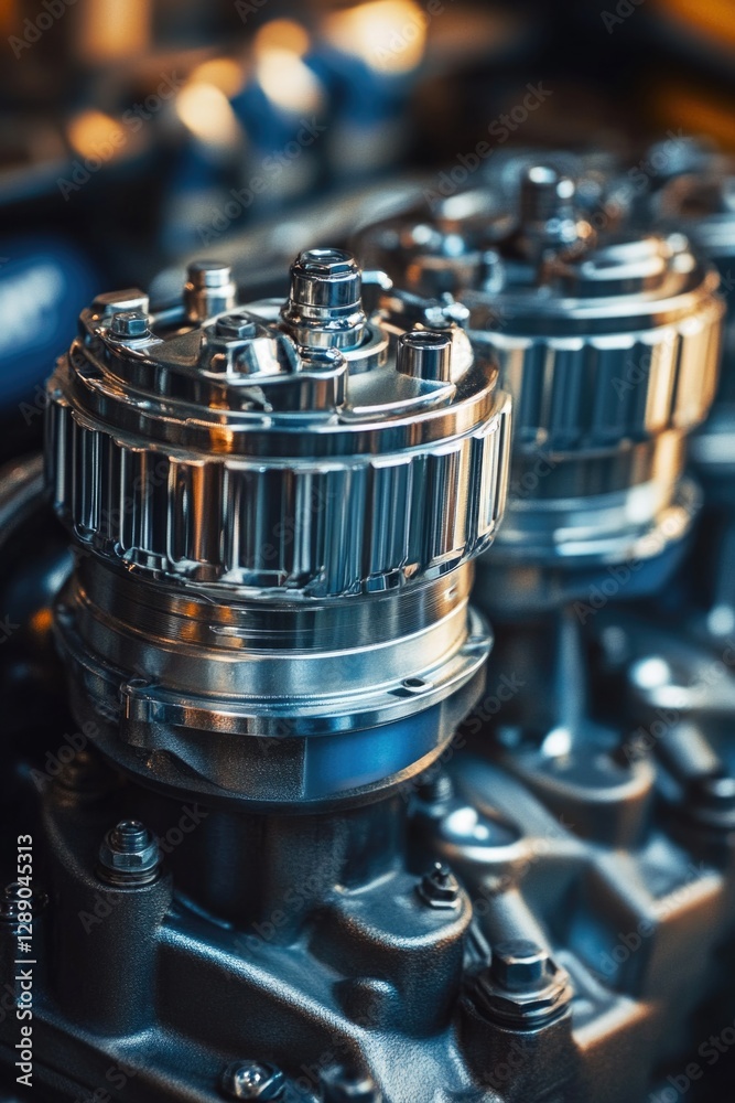 Poster detailed view of a machine's internal combustion engine components