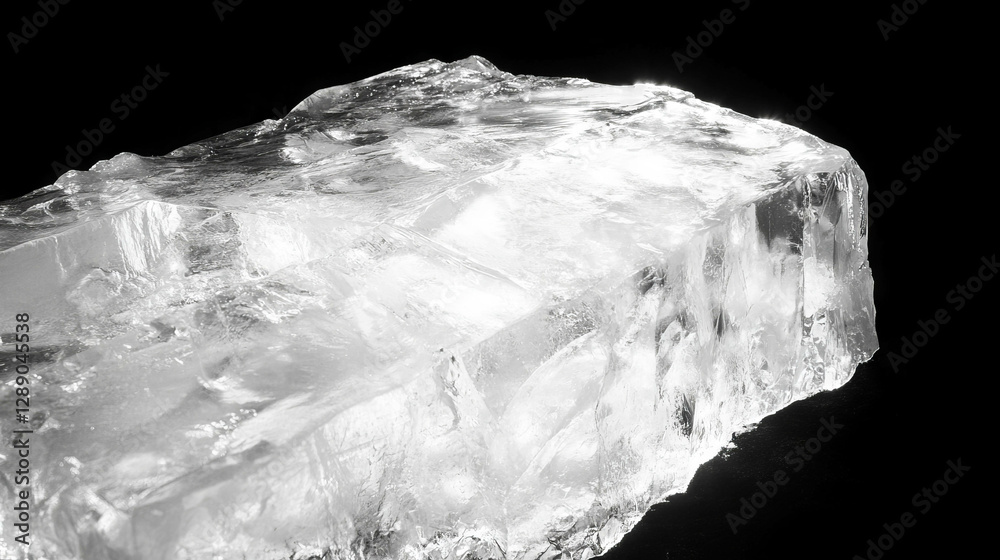 Poster shimmering ice block with textured surface on black background