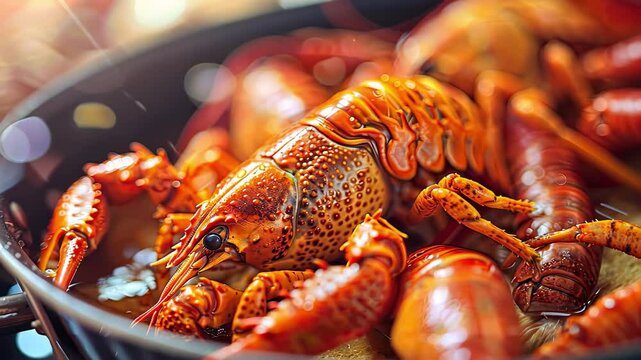 crayfish are cooked in a pot