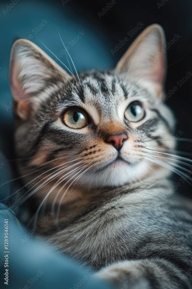 Poster a close-up view of a cat relaxing on a bed
