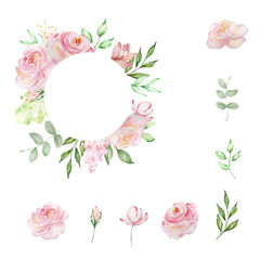 Frame with watercolor blush pink roses flowers and leaves