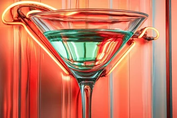 A martini glass filled with a vibrant green cocktail, illuminated by neon lights against a red backdrop.