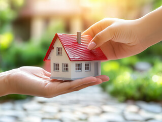 A symbolic image of a small house model being handed from one person to another, representing home ownership, real estate transactions, or mortgage approval