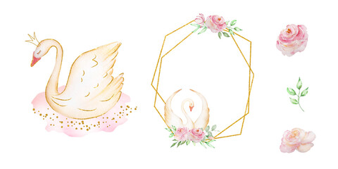 Frames set with white swan and pink blush roses flowers bouquet