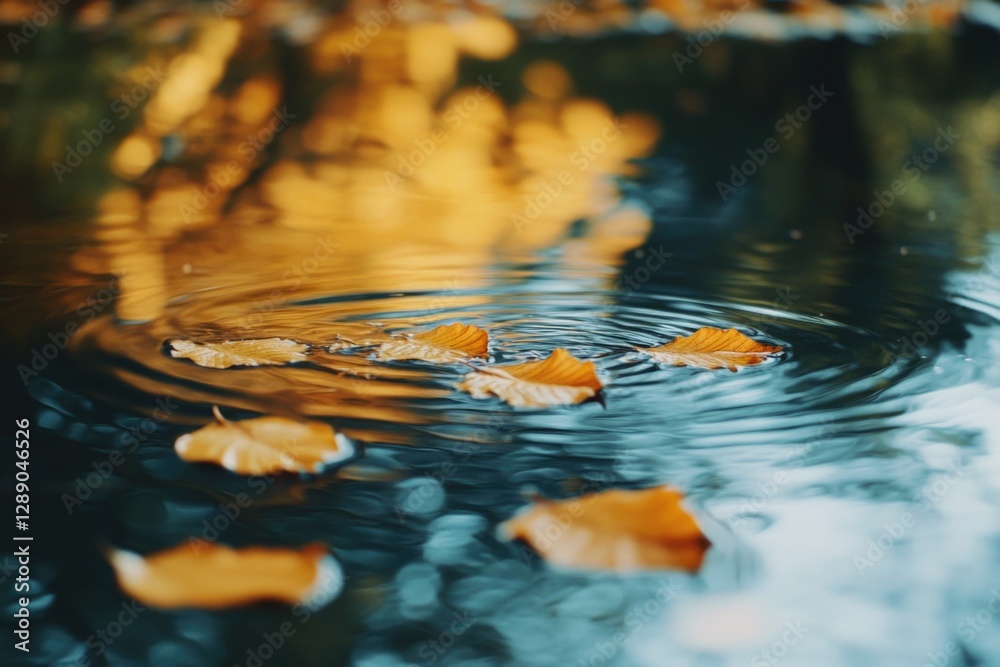 Poster a close-up shot of leaves floating on the surface of calm water