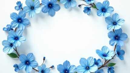Serene Oval Frame of Delicate Light Blue Blossoms on a Soft White Background