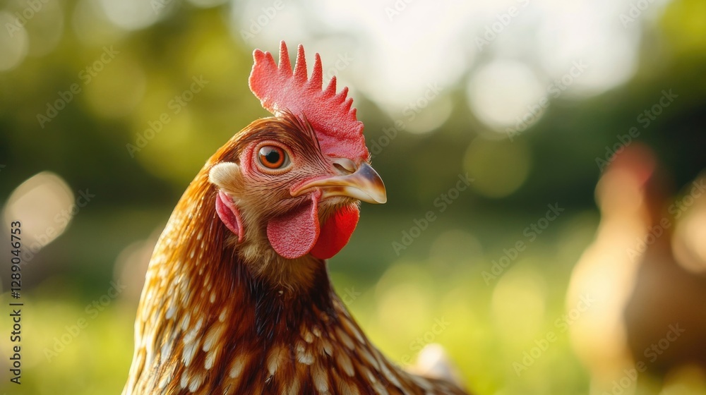 Poster a close-up view of a chicken roaming freely in a grassy field