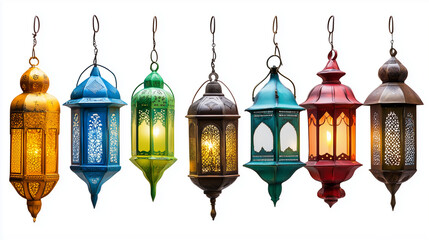 Obraz premium Set of hanging oriental lanterns isolated on transparent background. Lanterns are hanging in a row. Ramadan Kareem, Muslim holidays