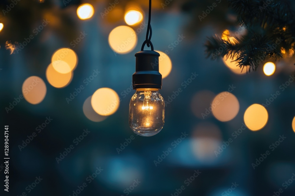 Poster A lone light bulb hangs from a tree branch in a natural setting