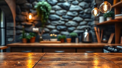 Obraz premium stock photo Rustic kitchen, wooden countertop, weathered texture. Background blurred, gray stone wall, plants, light bulbs. Chiaroscuro lighting, iridescent colors